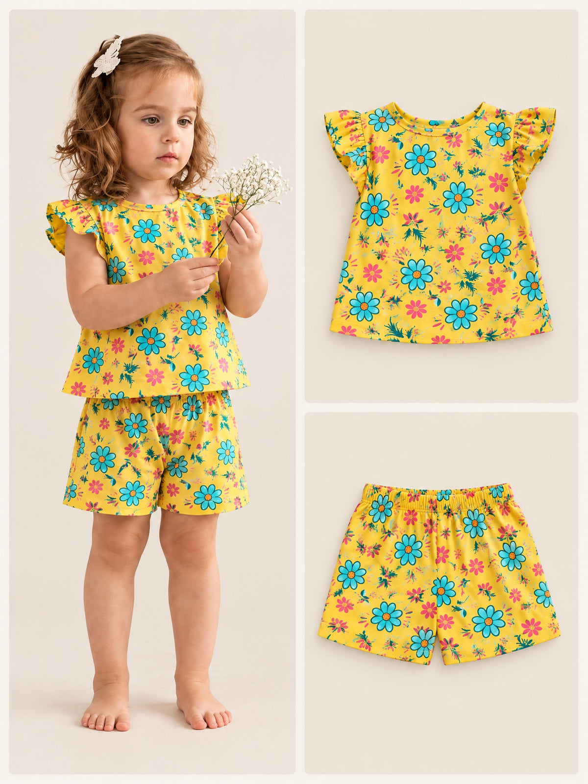 Sunshine Daisy flutter sleeve top and shorts set