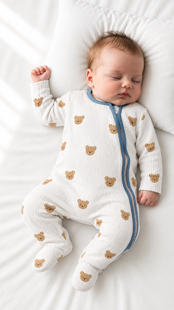 Teddy Face Footed Sleepsuit — Cream and Blue