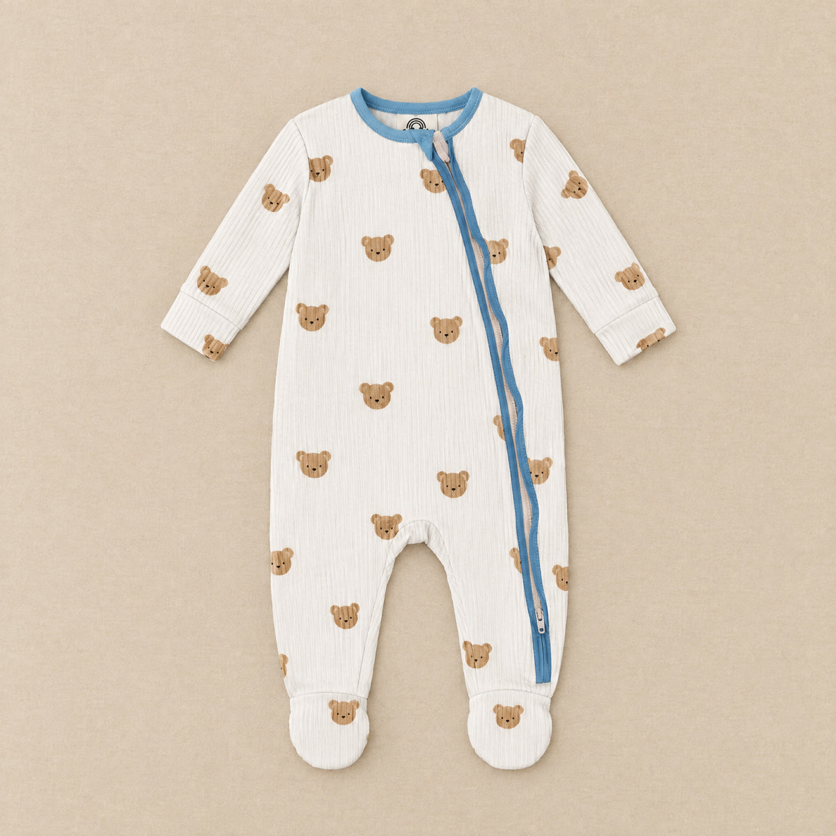 Cream teddy face footed sleepsuit with blue zip, front, laid flat