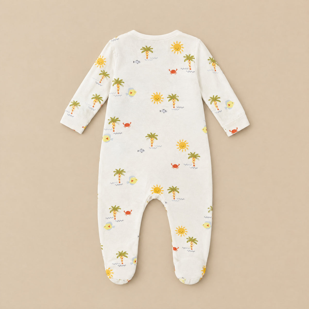 Back of the cream tropical-print footed sleepsuit laid flat